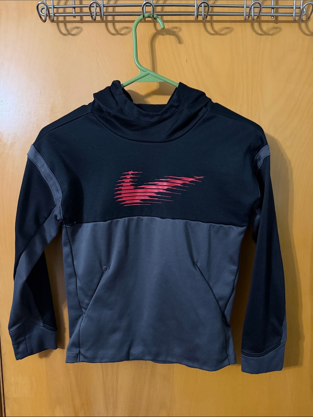 Nike Kids Black & Gray Hoodie with Red Swoosh Graphic